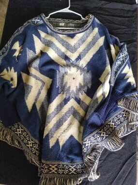 Navy and Cream Southwest print poncho One Size